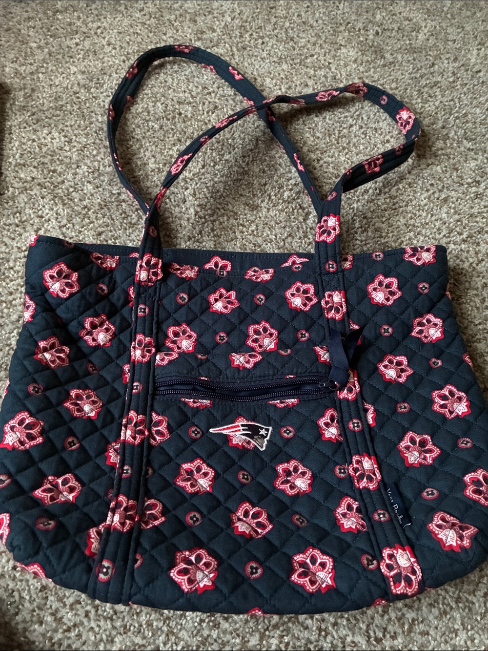 Quilted Navy and Red Floral Tote Bag - NE Patriots logo Accent